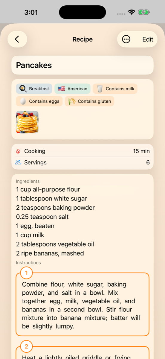 Cook&Track Recipe detail with ingredients and instructions